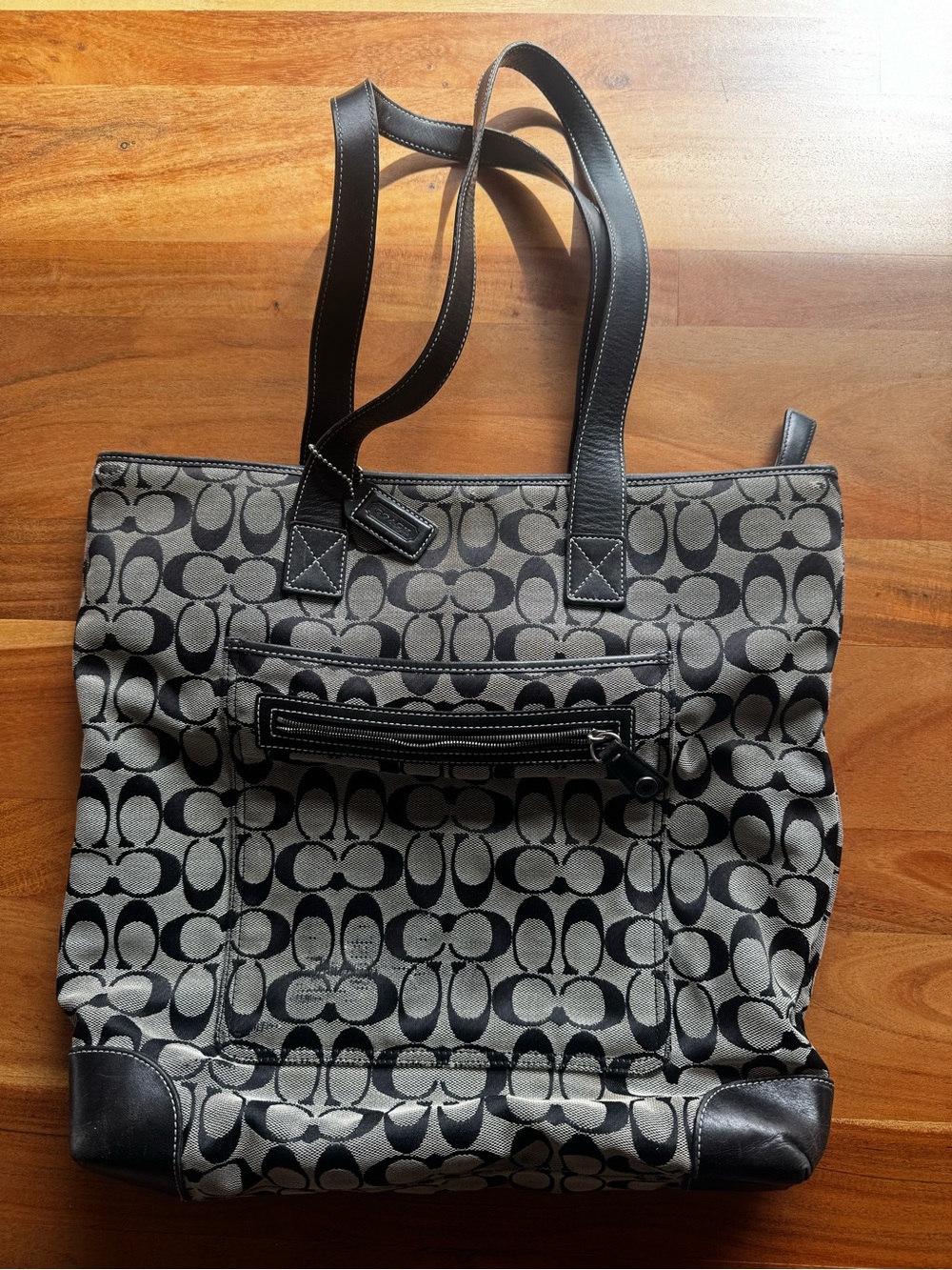 Coach Gray and Black Signature Canvas Tote with Front Zip Pocket